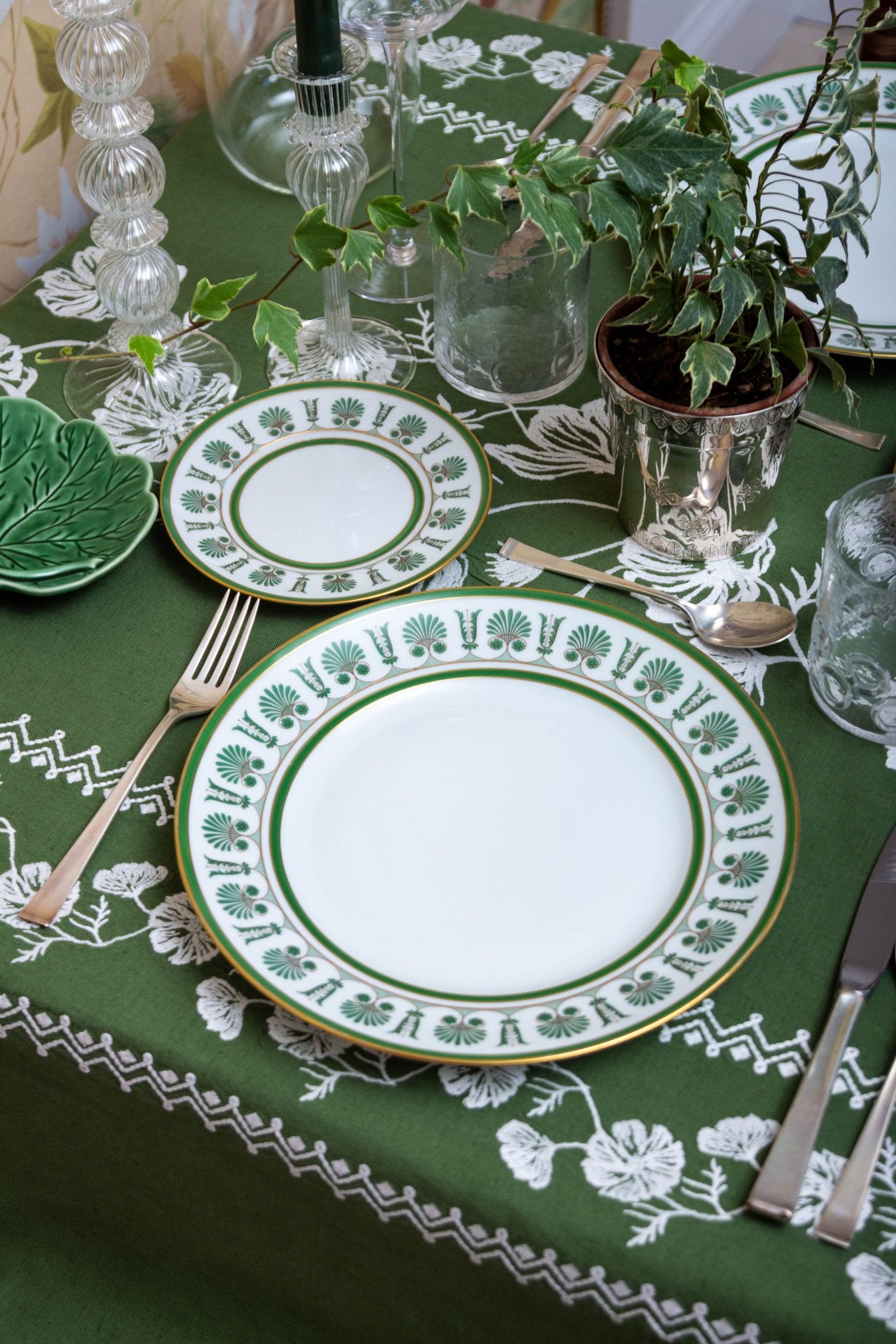 Cosmo Green Emboridered Tablecloth - Hosted by Kelly Gaudreau