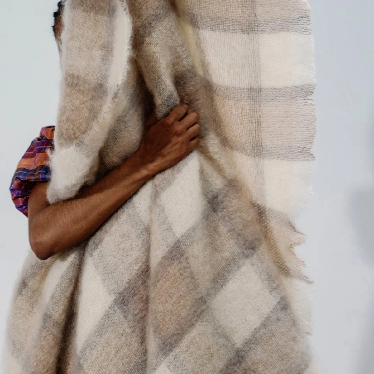 Plaid Drumin Mohair Throw Blanket - Fawn