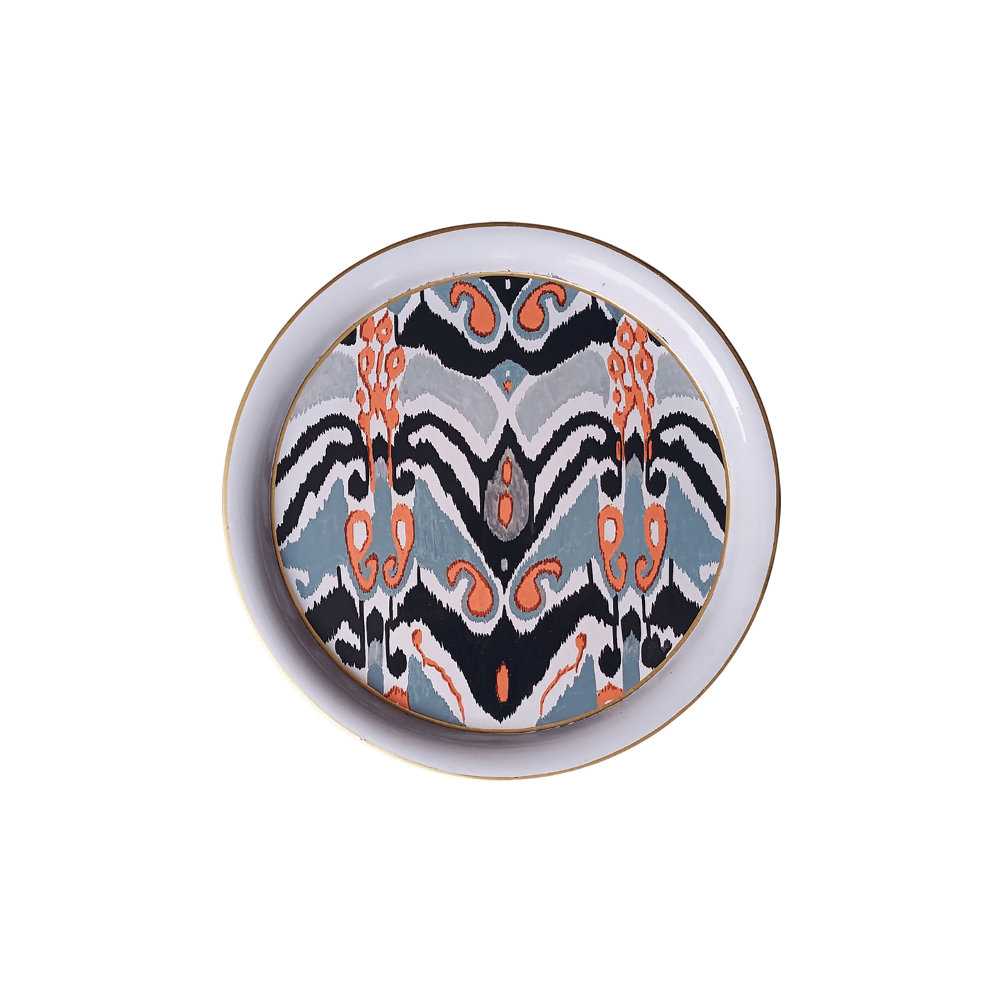 Decorative Hand Painted Iron Tray (White and Black Ikat) 13 inch Round - Hosted by Kelly Gaudreau