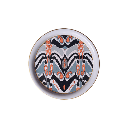 Decorative Hand Painted Iron Tray (White and Black Ikat) 13 inch Round - Hosted by Kelly Gaudreau