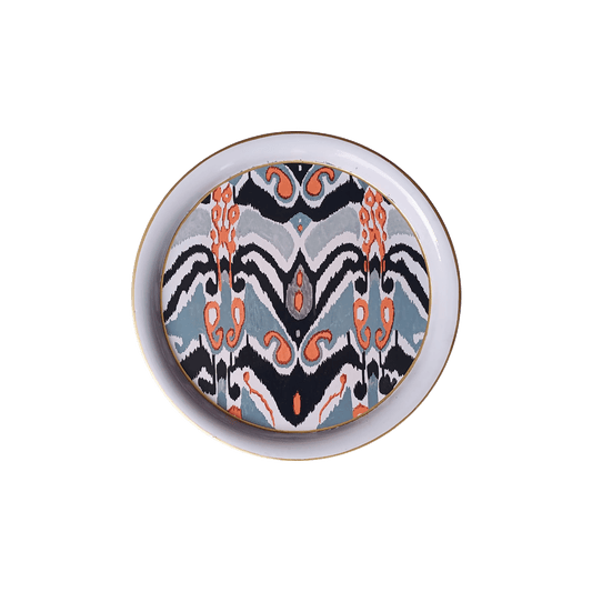 Decorative Hand Painted Iron Tray (White and Black Ikat) 13 inch Round - Hosted by Kelly Gaudreau
