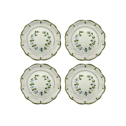 Set of 4 Hand-Painted Flower Plates, each adorned with unique floral designs created by skilled artisans. Perfect for special occasions or everyday use, these plates showcase slight color variations that make each piece captivatingly unique.