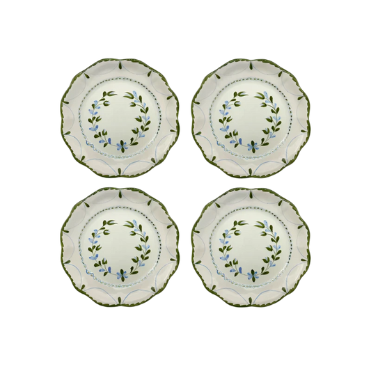 Set of 4 Hand-Painted Flower Plates, each adorned with unique floral designs created by skilled artisans. Perfect for special occasions or everyday use, these plates showcase slight color variations that make each piece captivatingly unique.