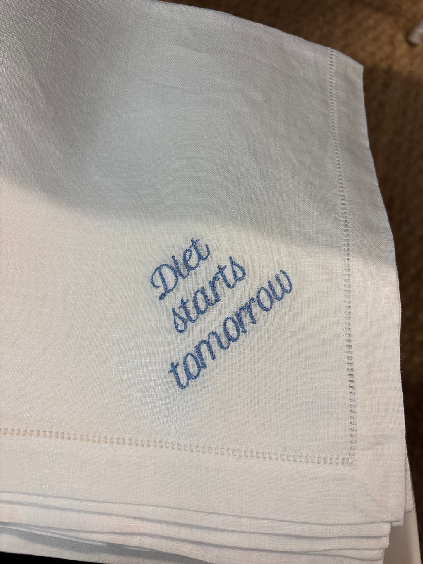 Diet Starts Tomorrow Embroidered Dinner Napkins - Hosted by Kelly Gaudreau