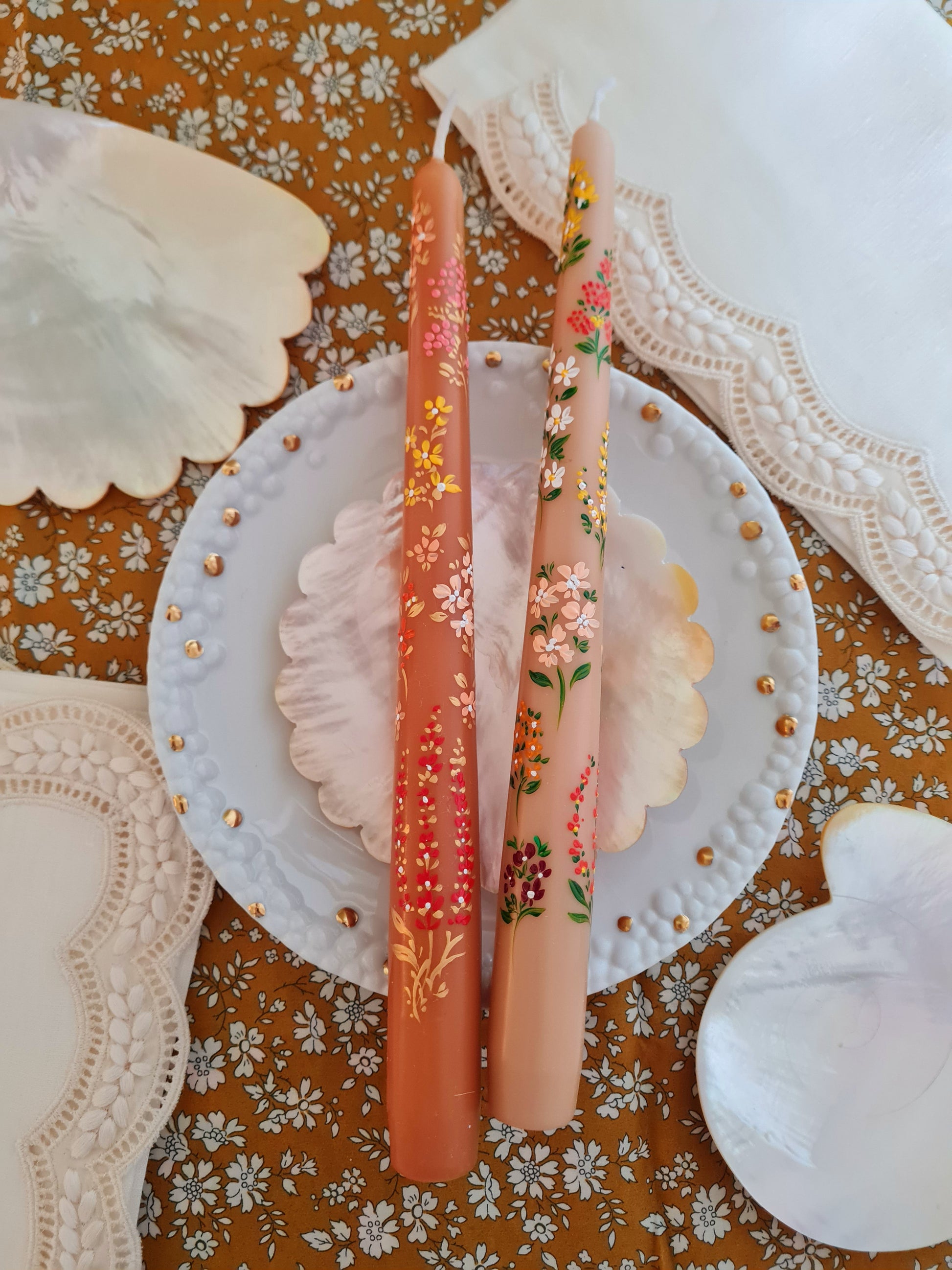 "Fall Blessings" hand-painted terracotta taper candle, uniquely crafted and gift wrapped. Enjoy up to 5 hours of burn time, adding a whimsical touch to your space.