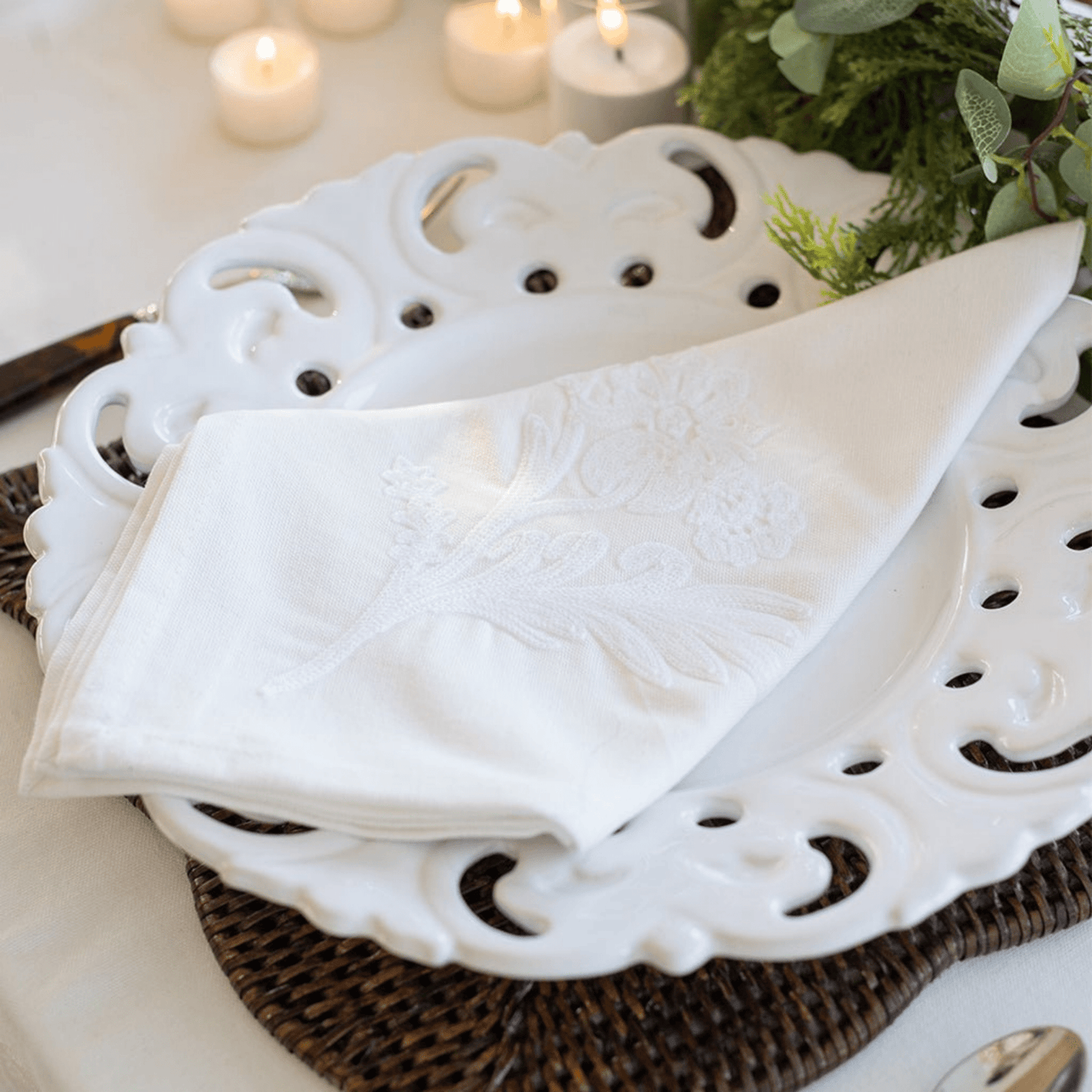 India Hicks Home Canasta Crewel White on White Napkin - Set of 4 - Hosted by Kelly Gaudreau