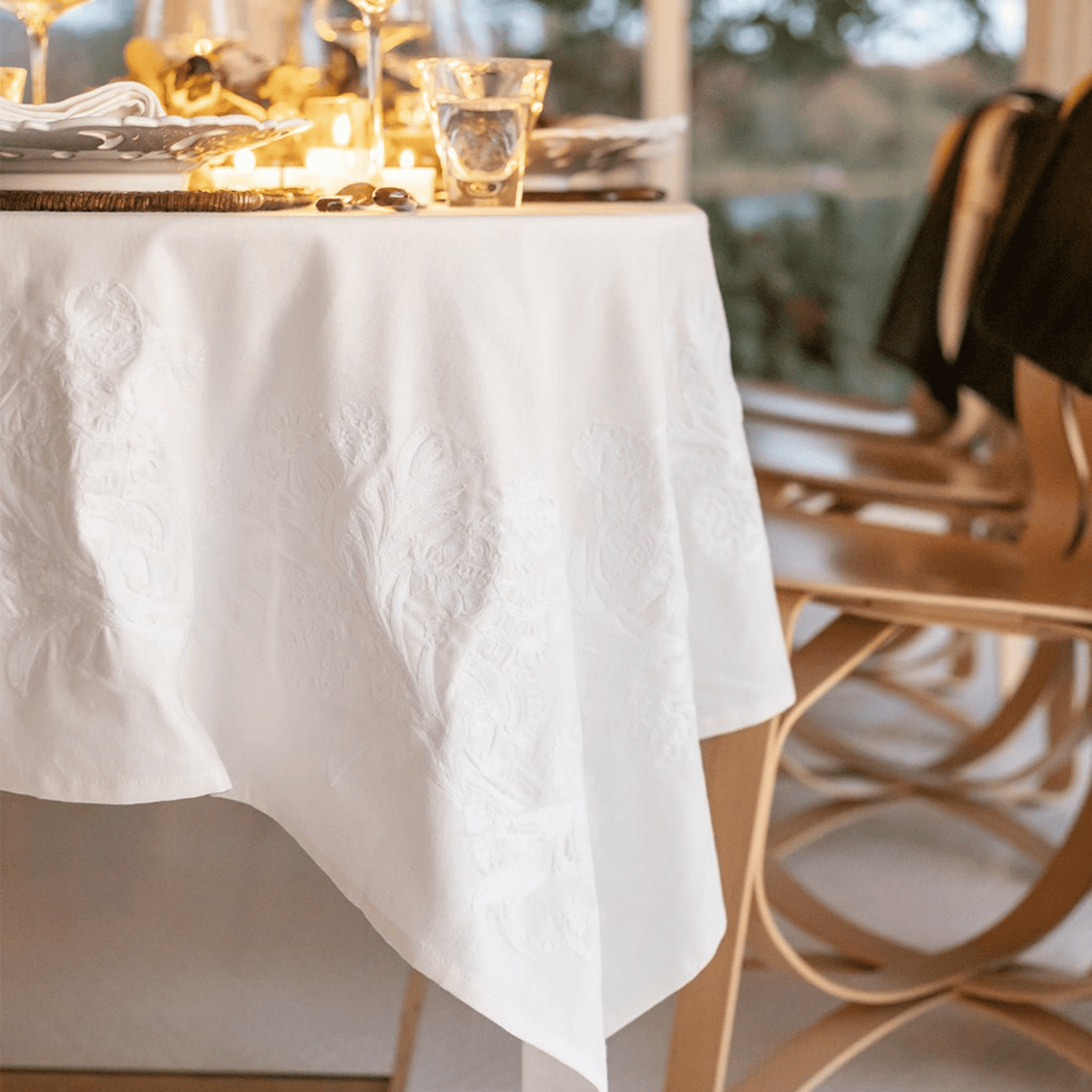India Hicks Home Canasta Crewel White on White Tablecloth - Hosted by Kelly Gaudreau
