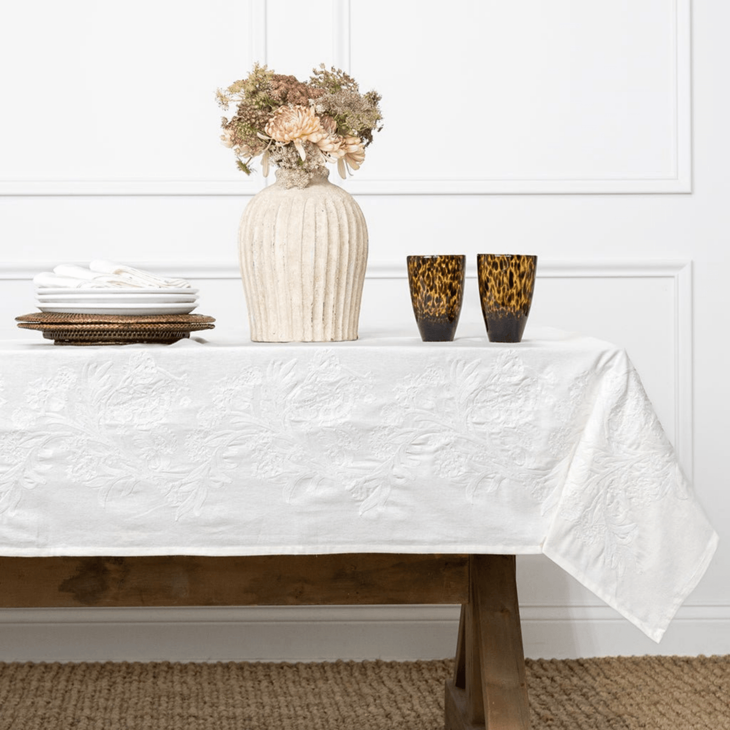 India Hicks Home Canasta Crewel White on White Tablecloth - Hosted by Kelly Gaudreau