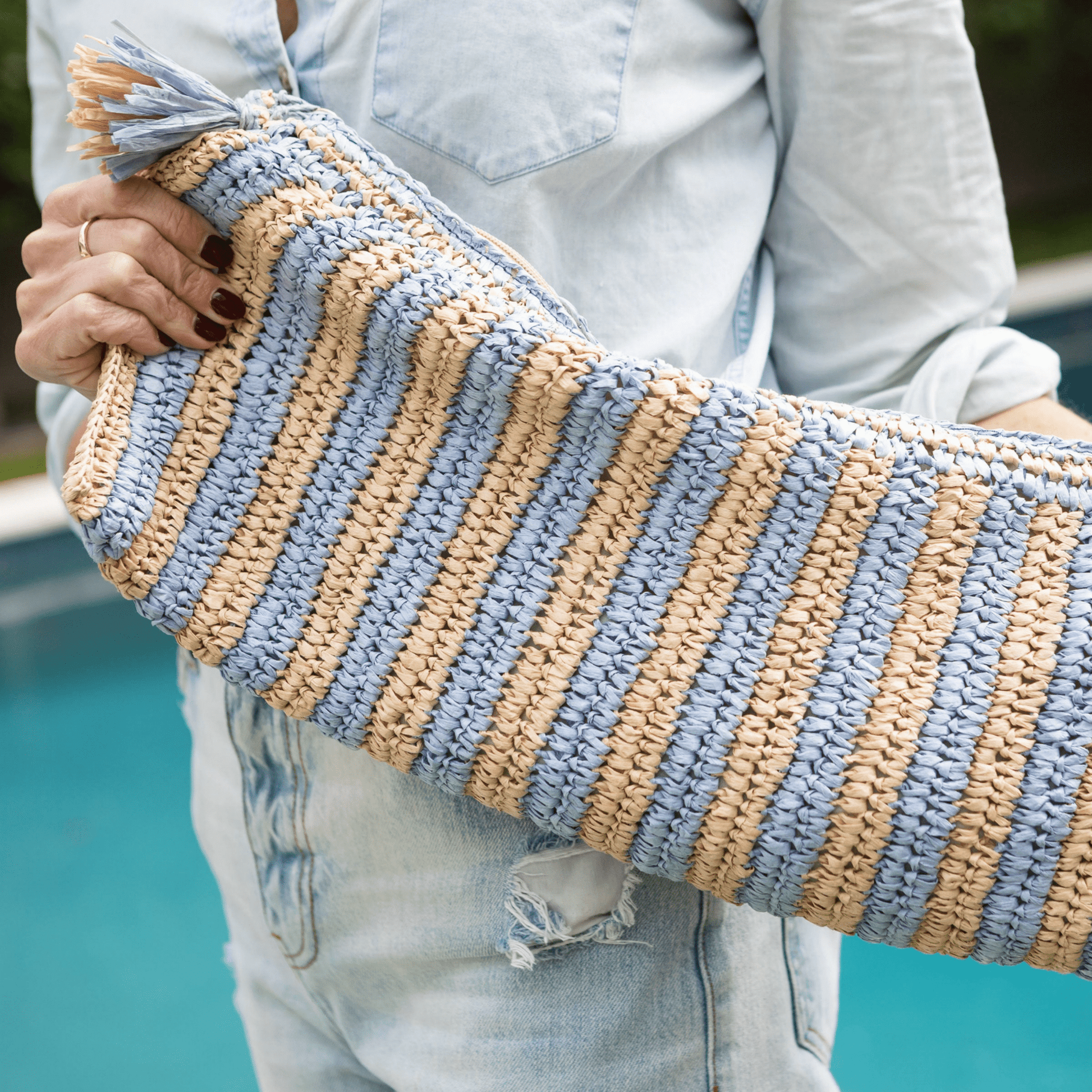 Large Raffia Mahjong Bag - Purple & Tan - Hosted by Kelly Gaudreau