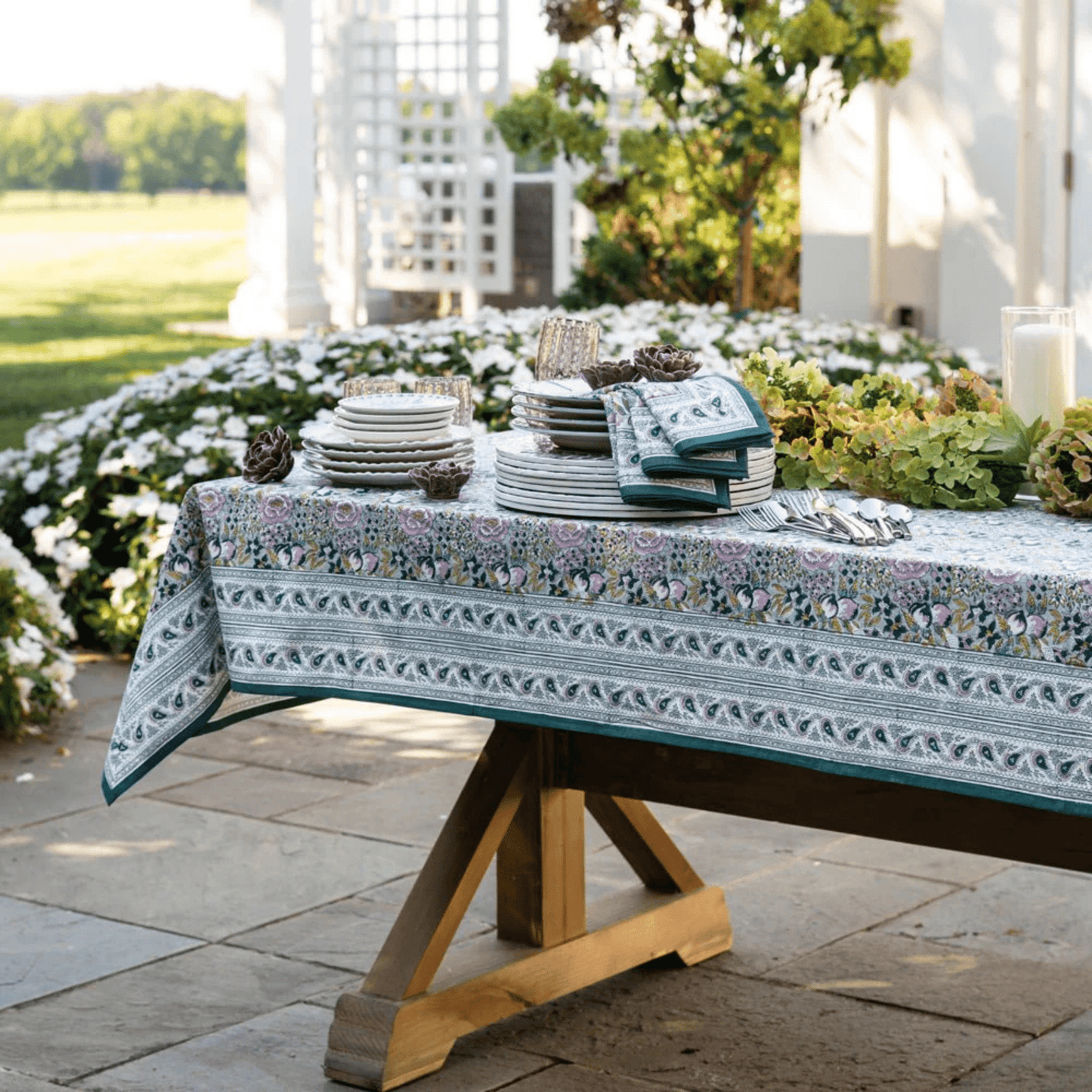 Pomegranate Garden Teal & Lilac Tablecloth - Hosted by Kelly Gaudreau