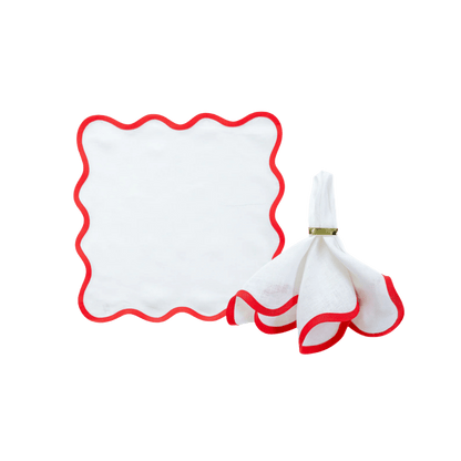 Scalloped Napkin in Lily White with Rosebud Red Trim Set of 4 - Hosted by Kelly Gaudreau
