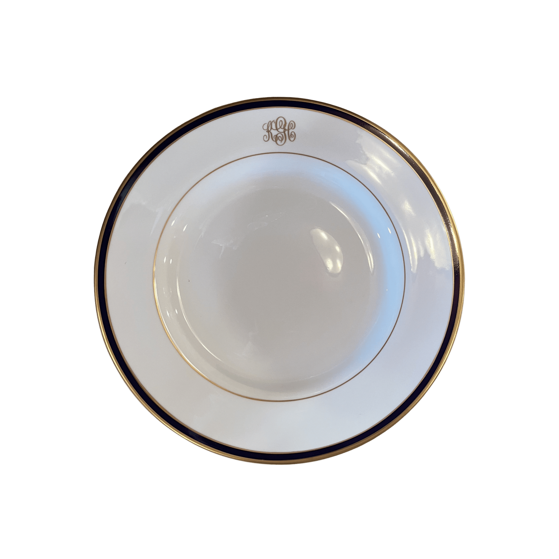 Signature Ultra White Gold with Navy Rim Monogrammed Dinner Plate - Hosted by Kelly Gaudreau