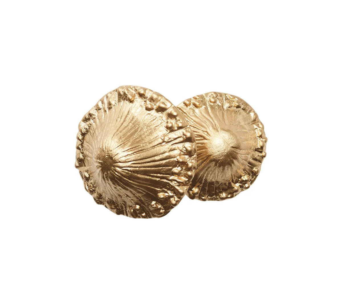 The Sprout Napkin Ring showcases gold-plated metal mushrooms sprouting from a carved wooden base, adding a rustic, organic charm to your fall table setting.