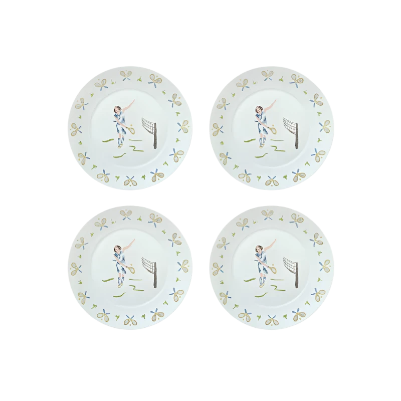 Set of 4 Tennis Girl Dessert Plates featuring fun and stylish tennis-themed designs, ideal for serving desserts with a sporty flair.