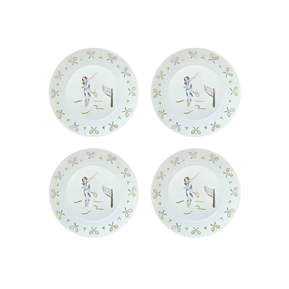 Set of 4 Tennis Girl Dessert Plates featuring fun and stylish tennis-themed designs, ideal for serving desserts with a sporty flair.