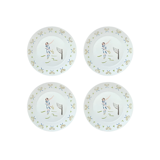 Set of 4 Tennis Girl Dessert Plates featuring fun and stylish tennis-themed designs, ideal for serving desserts with a sporty flair.