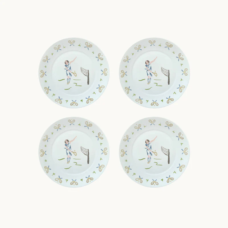 Set of 4 Tennis Girl Dessert Plates featuring fun and stylish tennis-themed designs, ideal for serving desserts with a sporty flair.