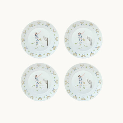 Set of 4 Tennis Girl Dessert Plates featuring fun and stylish tennis-themed designs, ideal for serving desserts with a sporty flair.