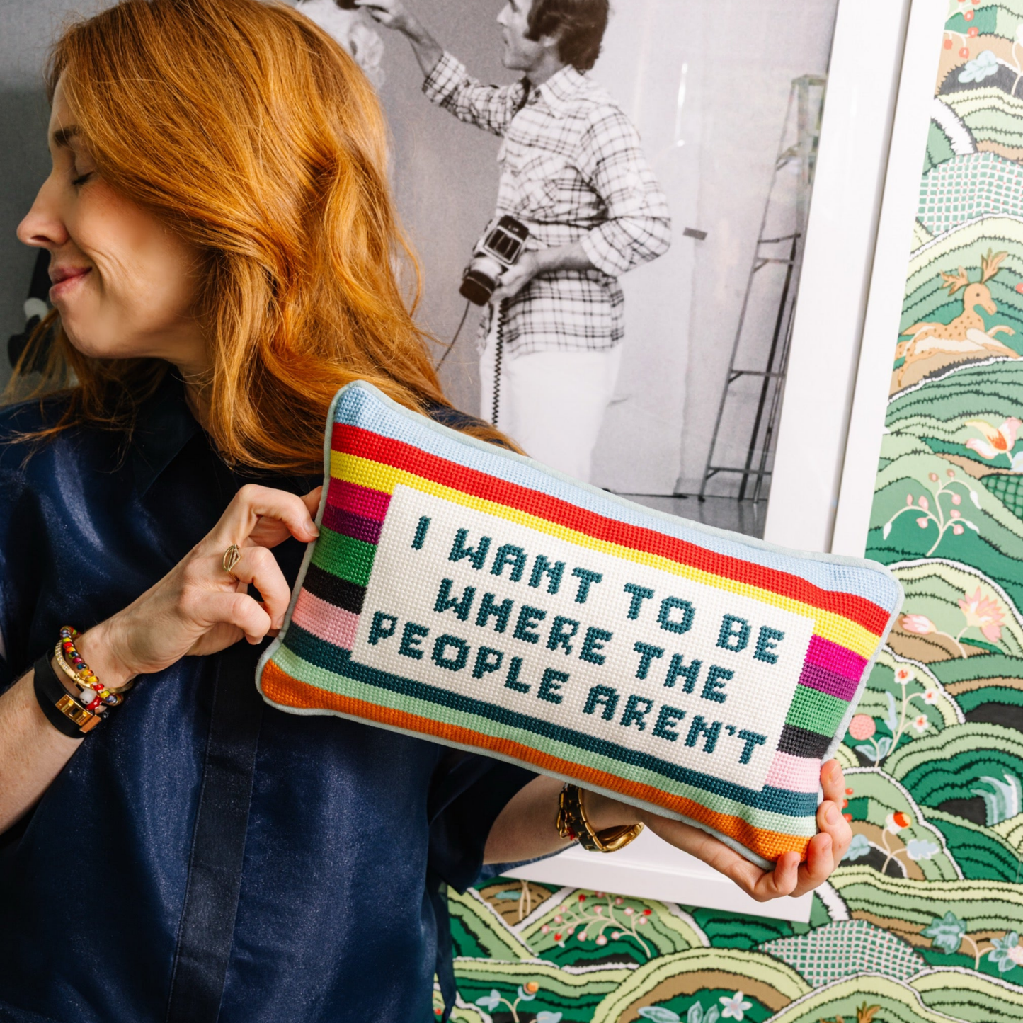 Where the People Aren't Needlepoint Pillow - Hosted by Kelly Gaudreau