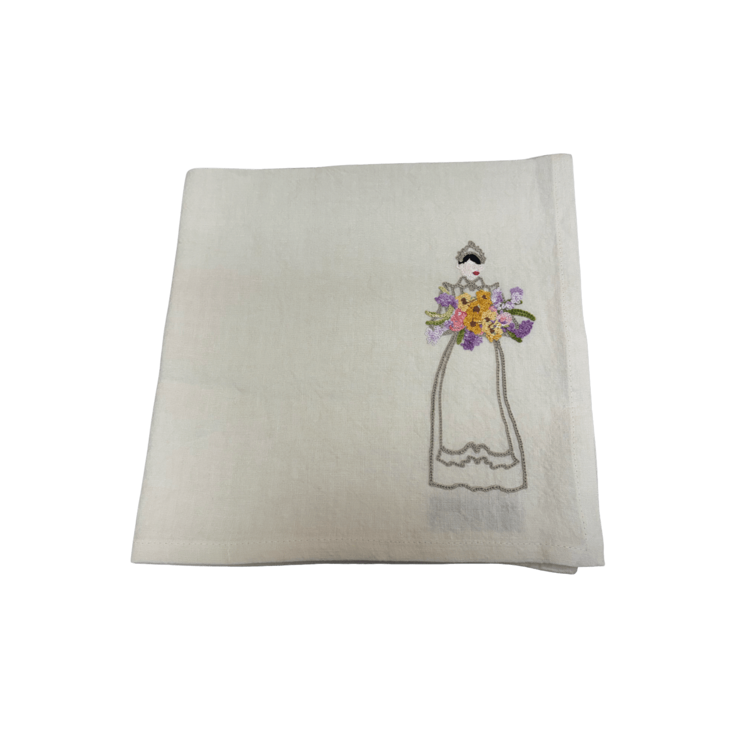 Woman with Bouquet Embroidered Venere Linen Napkin - Cream - Hosted by Kelly Gaudreau