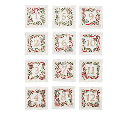 Xmas Carol Cocktail Napkin in White, Red & Green, Set of 12 in a Gift Box - Hosted by Kelly Gaudreau
