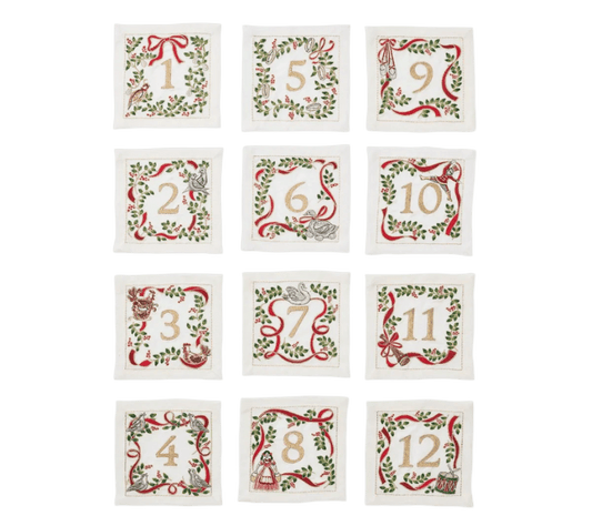 Xmas Carol Cocktail Napkin in White, Red & Green, Set of 12 in a Gift Box - Hosted by Kelly Gaudreau