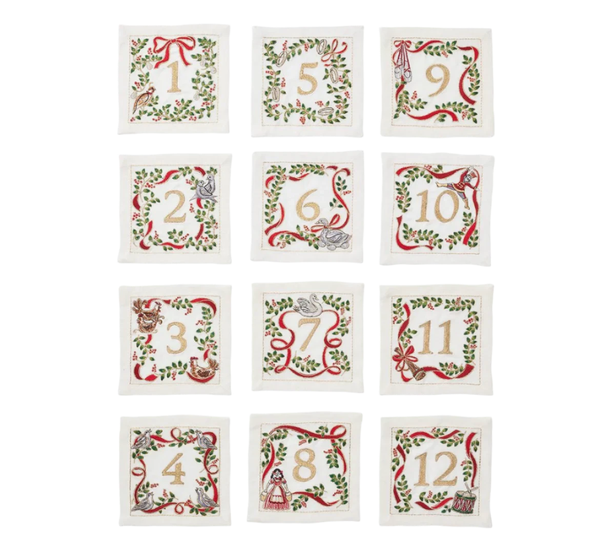 Xmas Carol Cocktail Napkin in White, Red & Green, Set of 12 in a Gift Box