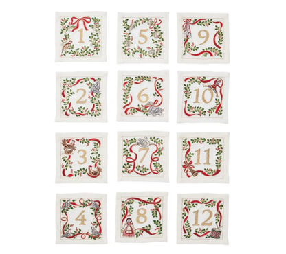 Xmas Carol Cocktail Napkin in White, Red & Green, Set of 12 in a Gift Box