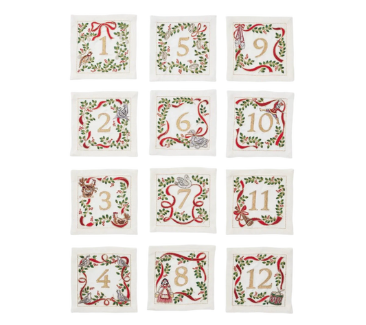 Xmas Carol Cocktail Napkin in White, Red & Green, Set of 12 in a Gift Box